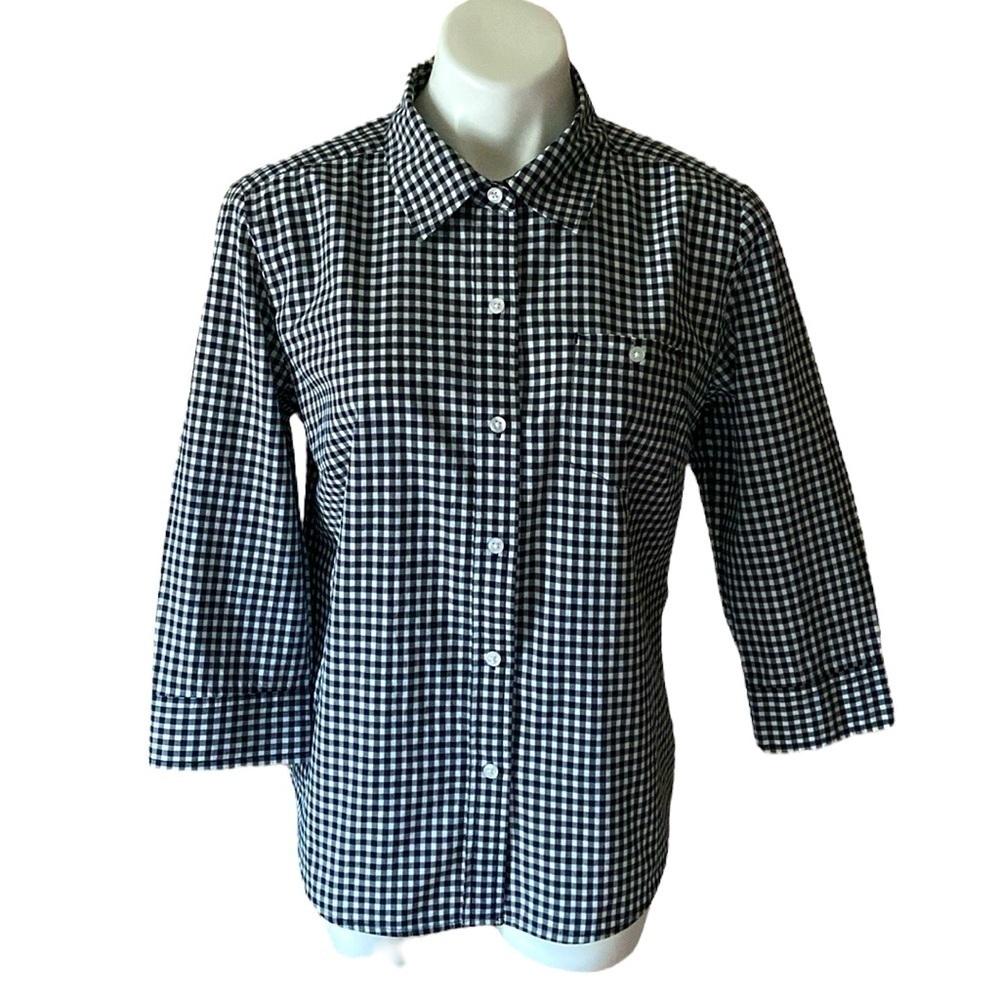 Karen Scott Black And White Gingham Button Down Shirt 100% Cotton Size Medium